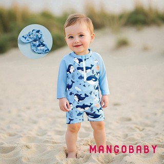 Mg-toddler Boy Rash Guard Đồ bơi có mũ 2 chiếc Bộ hoạt hình họa tiết cá voi có khóa kéo dài tay cổ tròn Đồ bơi