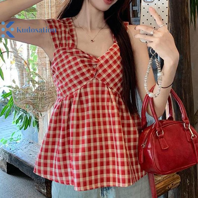Kudosation Mùa Hè Nữ Retro Kẻ Sọc Hoa Cổ Vuông Không Tay Dễ Thương Thường Ngày Xe Tăng Top Đẹp