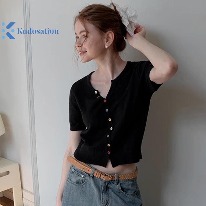 Kudosation Hàng Mới Về Cổ Chữ V Nút Slim Fit Dệt Kim Tay Ngắn Cardigan Áo Thun Nữ Đẹp