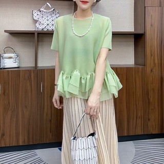 T Sang Trọng Thời Trang Rời Mùa Hè Cổ Tròn Không Đều Top Xếp Ly Phong Cách Hàn Quốc Tay Ngắn Người Nổi Tiếng Bao Mỡ Xù Slimm