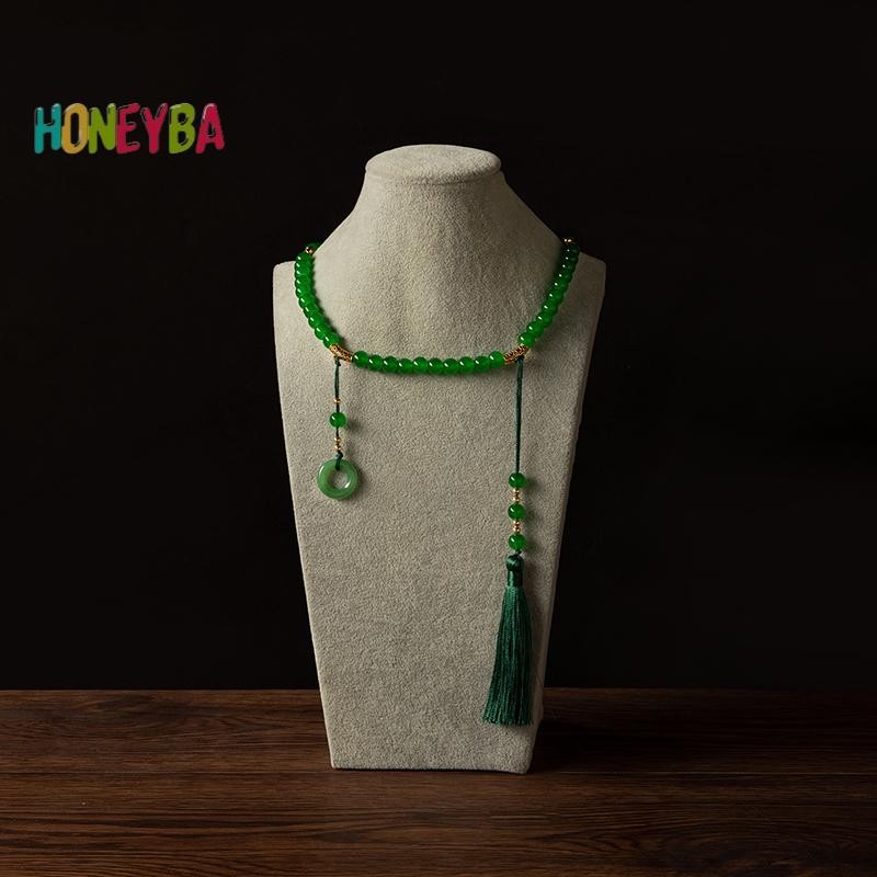 < Honeyba > Vòng cổ hạt xanh dài phong cách Trung Quốc Phật giáo Thiền pha lê xanh Vòng cổ dài sel Chokers Trang sức Quà tặng