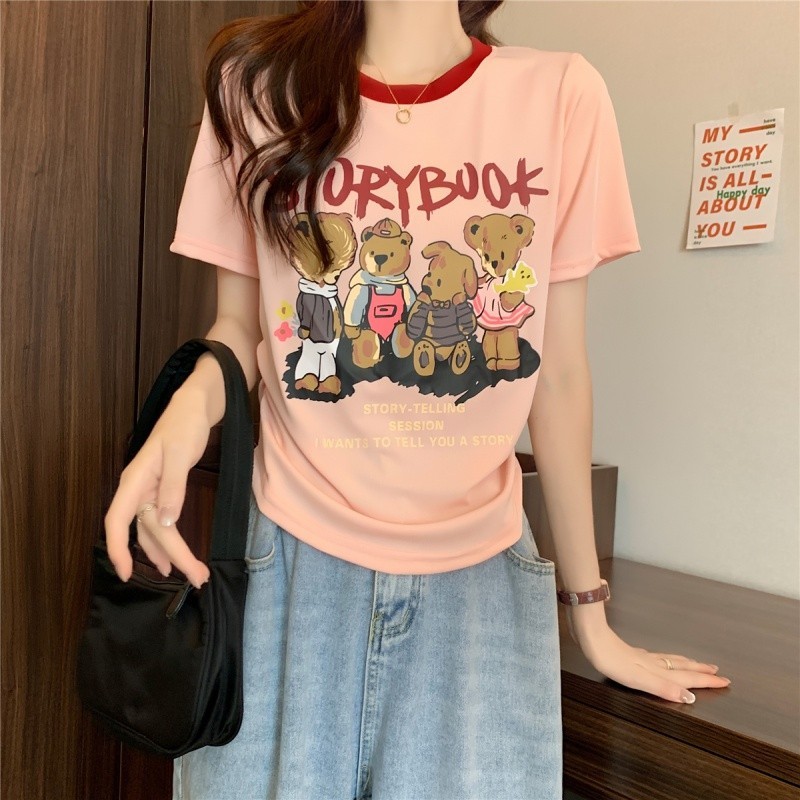 Áo thun hoạt hình mùa hè Phong cách mới Slim-fit Áo thun cổ tròn không đều