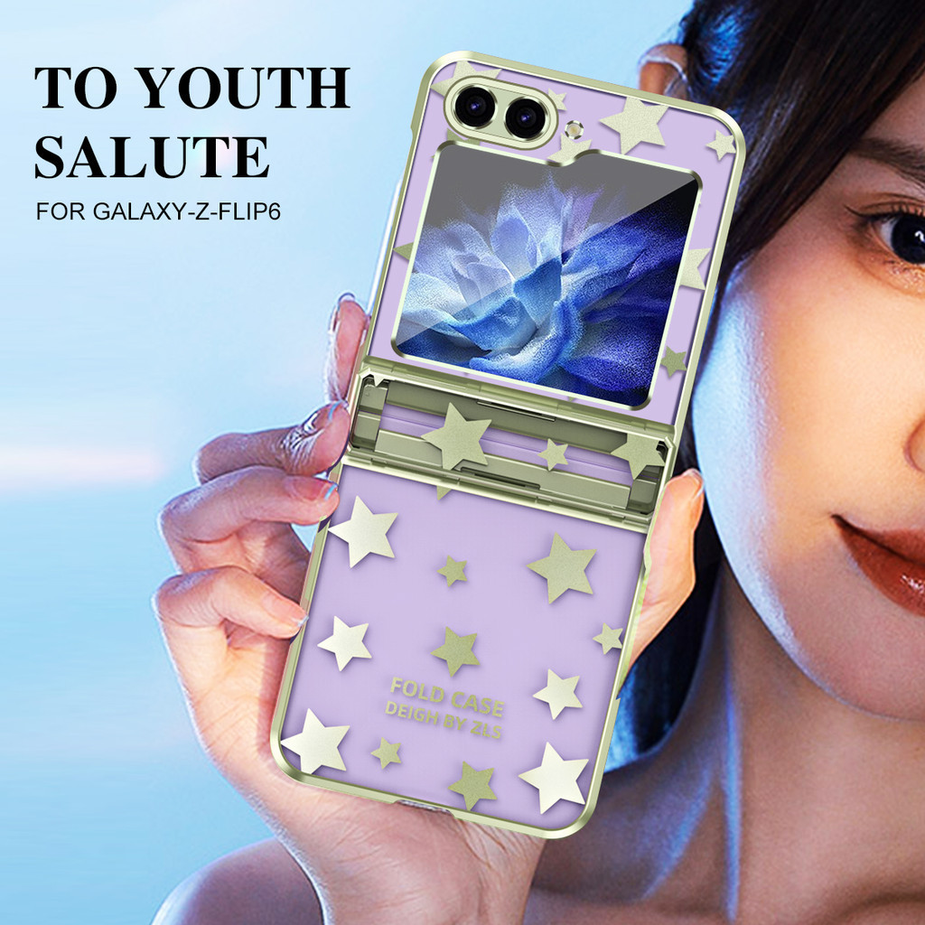 Bản lề mạ sang trọng Ngôi sao thời trang Vỏ trong suốt cho Samsung Galaxy Z Flip 6 Flip 5 Flip 4 Flip 3 5G Bảo vệ chống sốc ZFlip6 Flip5 Flip4 Flip3 Vỏ điện thoại