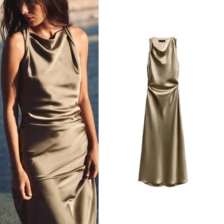 Zara Mùa Hè Sản Phẩm Mới Tính Khí Gợi Cảm Xếp Ly Dài Váy Lụa Satin Họa Tiết Quạt Váy Sáo 2124305