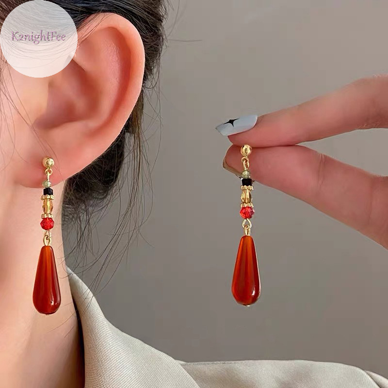 K2nightfee Phong Cách Trung Hoa Hanfu Bông Tai Dân Tộc Thời Trang Đỏ Giọt Nước Mặt Dây Chuyền Kẹp Tai Khóa Dài Cổ Điển Retro Eardrop Trang Sức Quà Tặng VN