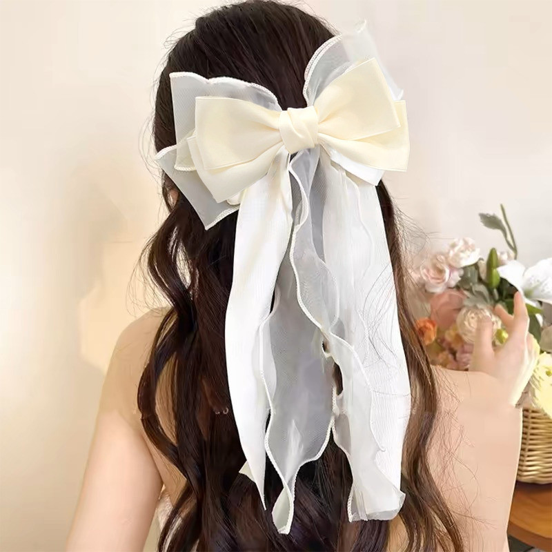 Kẹp Tóc Nơ Gạc Quá Khổ Streamer - Mũ Công Chúa Tinh Tế - Thanh Lịch, Thời Trang, Đơn Giản, Ngọt Ngào, Phong Cách Ins - Kẹp Tóc Ruy Băng Ren Cho Bé Gái - Kẹp Tóc Dopamine Nơ