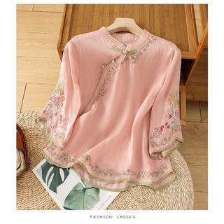 Áo sơ mi cotton lanh thêu phong cách Trung Quốc mới với nút đóng, áo mùa hè mới cổ xiên, phong cách Trung Quốc
