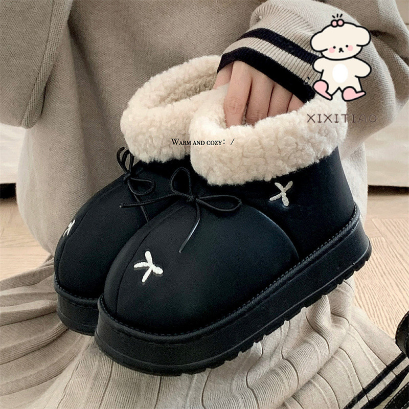 Xixitiao Mùa Đông Phong Cách Mới Phong Cách Hàn Quốc Nơ Đông Bắc Giày Cotton Nữ Thời Trang Đế Dày Bên Ngoài Mặc Cô Gái Trái Tim Chống Thấm Nước Giày Trượt Tuyết