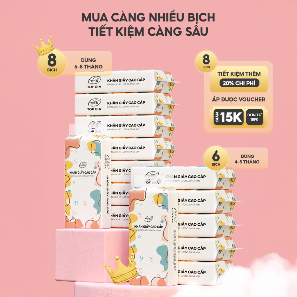 Thùng 8 bịch khăn giấy treo tường Top Gia đa sắc 1280 tờ làm từ 100% bột gỗ nguyên sinh
