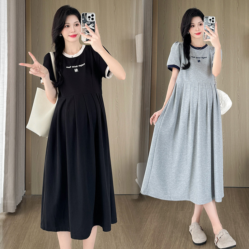 Trang phục bà bầu Mùa hè Phong cách mới dáng rộng phù hợp Chữ thêu tay ngắn