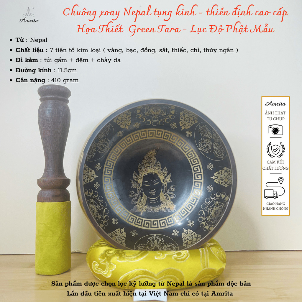 [Amrita]Chuông xoay Nepal tụng kinh - thiền định cao cấp Họa Thiết  Green Tara - Lục Độ Phật Mẫu -Chuông Xoay Tây Tạng