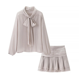 Set Sơ mi Zara made in Morocco lụa tơ nơ cổ nữ tính và chân váy cùng bộ