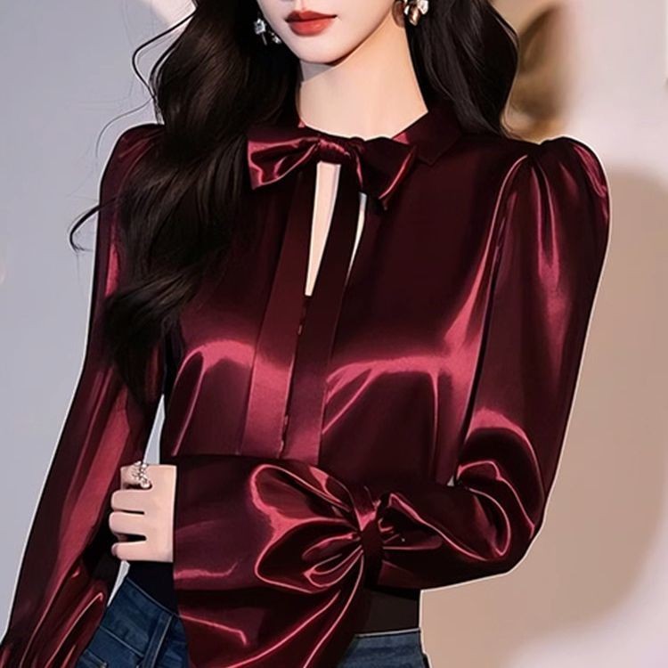 ✨Thời Trang Pháp Ren Nơ Rỗng Màu Trơn Áo Sơ Mi 2025 Đầu Xuân Xếp Ly Dài Tay Ôm-Fit Top Nữ 25.3.26