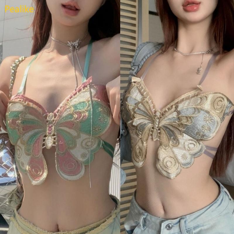 Pealike Halter Backless Camisole với hình bướm thêu dây đeo Áo Vest Clubwear