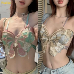 Pealike Halter Backless Camisole với hình bướm thêu dây đeo Áo Vest Clubwear