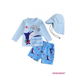 Bộ đồ bơi MG-Kid Boys Rash Guard Áo cổ tròn dài tay họa tiết chống nắng với quần short cá mập và mũ bơi