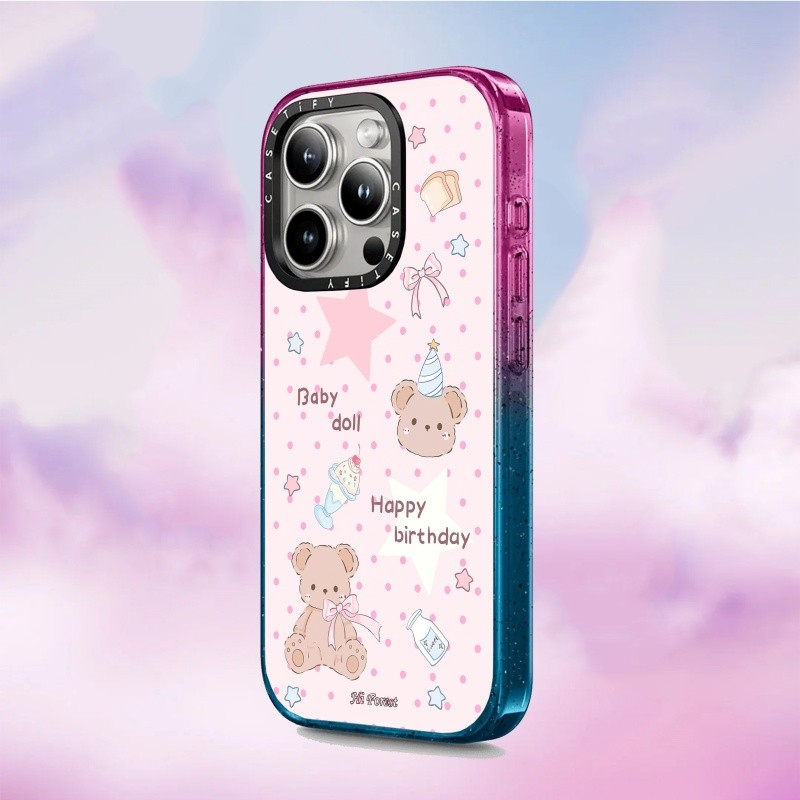 Casetify X Hi Forest Happy Every Day Ốp lưng cứng viền đen, chống sốc Impact, bộ sưu tập Peach Haze Cotton Candy, tương thích iPhone 12/13/14/15/16 Pro/Max/Plus, kèm hộp