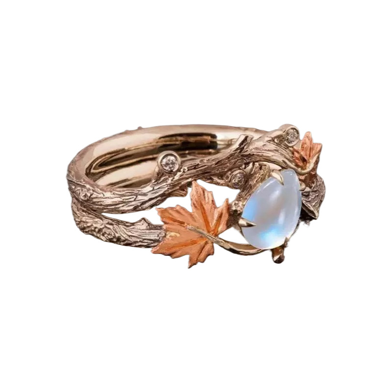 Nhẫn nữ thời trang mới sang trọng nhẹ nhàng retro vàng lá phong opal
