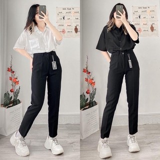 Quần tây nữ lưng cao đi làm, đi học đen, xanh đen có đai lưng Xưởng Quần Tây 3A quần baggy đứng form suông có big size