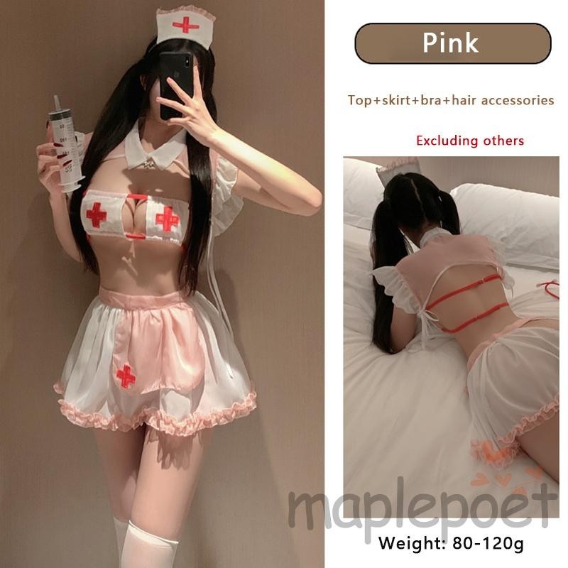 Maplepoet-nữ Y Tá Cosplay Người Yêu Trang Phục Ngắn Tay Crop Top Váy Áo Ngực Mũ Cosplay Bộ