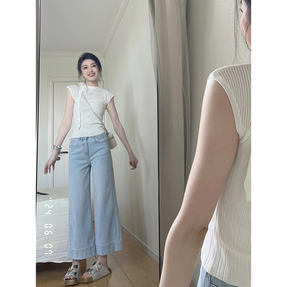 Suxi Retro Mùa Hè Mới Tối Giản Slim Fit Nơ Cổ Tròn Tay Ngắn Dệt Kim Áo Thun Nữ Top 240627