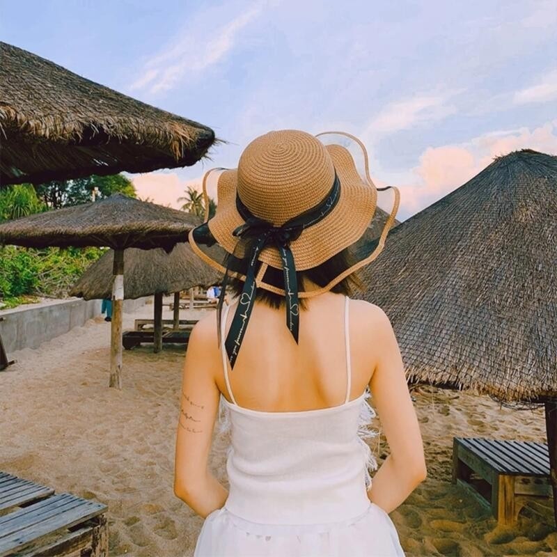 Mũ cói panama đi biển kèm dây nịt vintage Nón cói vành rộng chống nắng,Mũ chống nắng bãi biển
