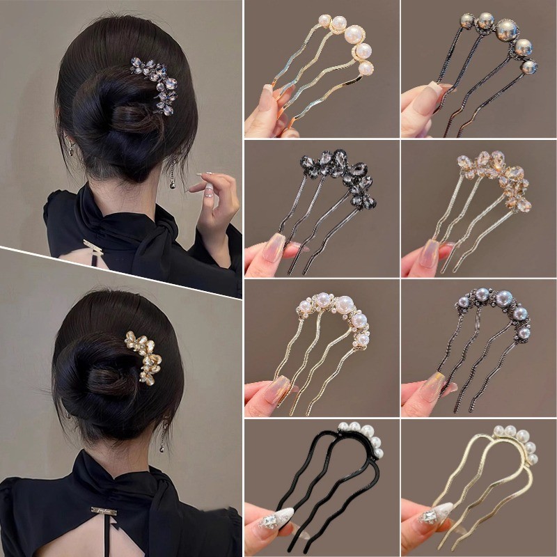 【Lược Tóc】Trâm Cài Tóc 4 Răng Hình U Kim Loại Đính Ngọc Thời Trang Hàn Quốc Cho Nữ