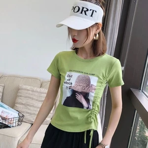 Áo thun nữ ngắn mùa hè 2025 in mới chữ giảm béo thời trang dáng rộng giản dị dây rút hàng đầu
