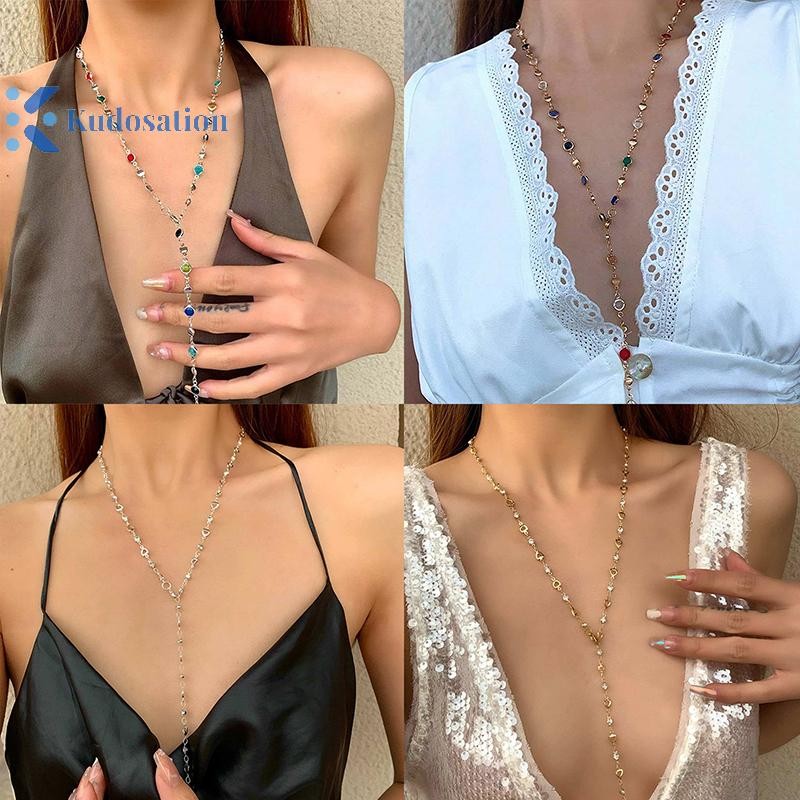 Kudosation Thời Trang Kính Nhiều Màu Sắc Dài Hình Chữ Y Vòng Cổ Kim Loại Xương Đòn Dây Xích Vàng Bạc Màu sel Vòng Cổ Đảng Cơ Thể Trang Sức