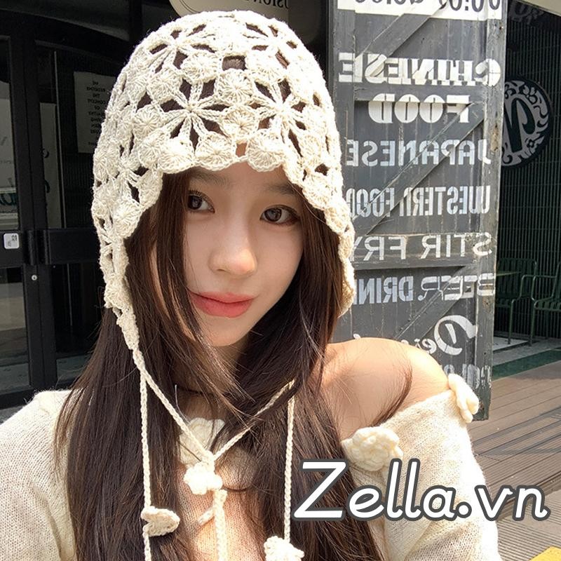 Mũ Móc Handmade Cho Nữ Chắc Chắn Phong Cách Rỗng Ra Hoa Tua Rua Đan Beanie