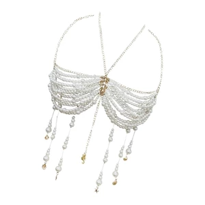 XGB Nữ Ngọc Trai Đính Hạt Dây Cổ Crop Body Trang Sức Tua Rua Áo Ngực Dây Xích Không Tay Camisole Lễ Hội Đảng Trang Phục Áo Vest
