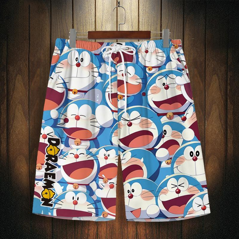 Quần short Doraemon mùa hè rộng rãi, kích thước lớn, nhanh khô, thoáng khí, quần bãi biển in hoa hoạt hình, quần bãi biển thoải mái
