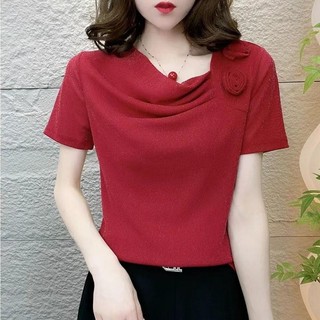 Vai Hoa Phong Cách Pháp Cọc Cổ Áo Nữ Mùa Hè Phong Cách Mới Mẹ Phong Cách Phương Tây Sáng Lụa Mềm Sợi Nhỏ Áo Sơ Mi Tay Ngắn