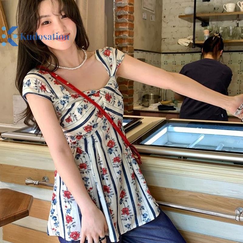 Kudosation Mùa Hè Nữ Retro Kẻ Sọc Hoa Cổ Vuông Không Tay Dễ Thương Thường Ngày Xe Tăng Top Đẹp