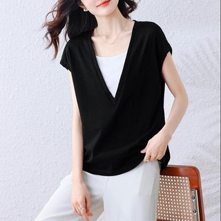 Mùa Hè 2025 Phong Cách Mới Thời Trang Top Giả Hai Mảnh Phù Hợp Với Áo Rời Bụng Ôm Hơn Nhìn Áo Thun Đơn Giản Thời Trang Hàng Đầu Nữ