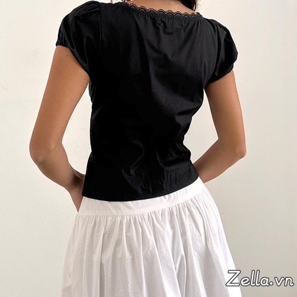 Áo Sơ Mi Nữ Mùa Hè Tay Ngắn Cổ Chữ V Sâu Ren V Viền Buton Up Áo