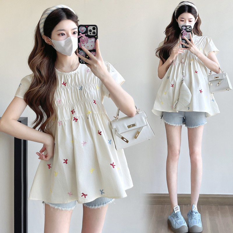 Trang phục bà bầu mùa hè Mới đầy màu sắc thêu nơ áo sơ mi bé tay ngắn