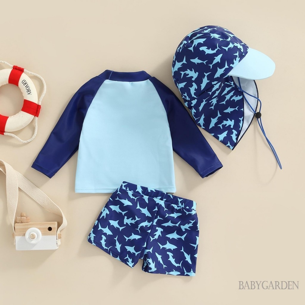 Baga-6tháng-4years Kid Boy 3 Bộ Đồ Bơi Hoạt Hình Sọc Cá Mập In Hình Mùa Hè Đi Biển Dài Tay Áo + Quần Short + Mũ Đi Biển
