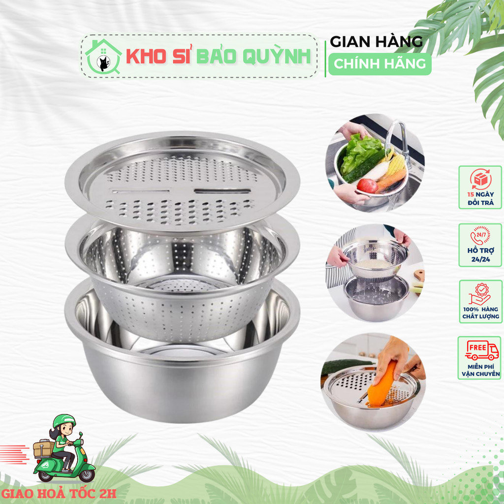 Bộ thau rổ bào - Bộ rổ, chậu kèm nạo rau củ quả inox đa năng 3in1- Bộ 3 ...