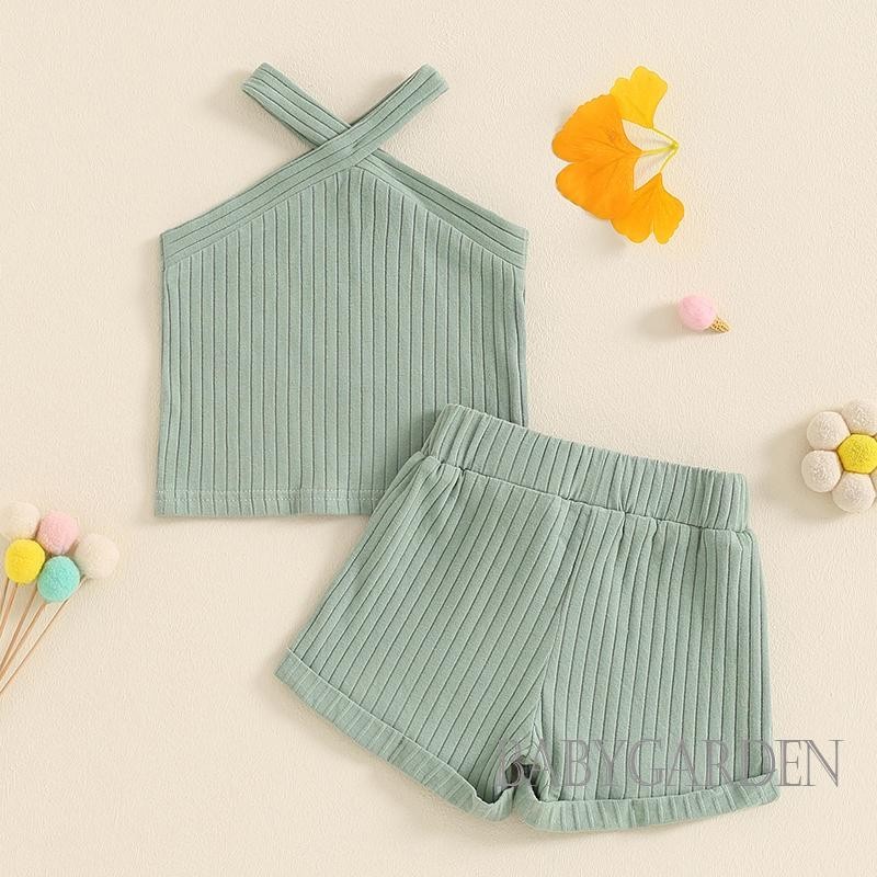 Baga-6 tháng-4year Bé Gái Mùa Hè 2 Bộ Màu Trơn Không Tay Chữ Thập Áo + Quần Short