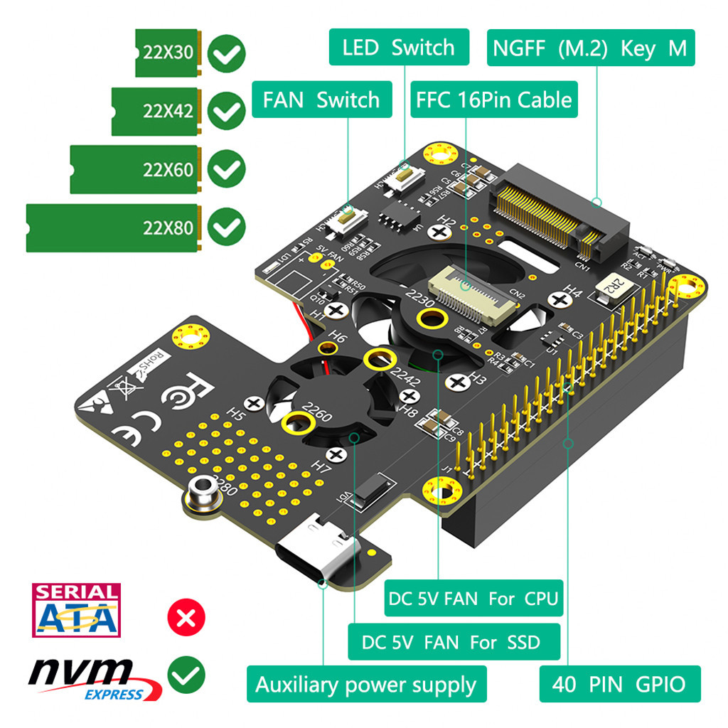 Jmt Phiên bản mới Combo 3 trong 1 M.2 NVMe SSD sang PCI-E Bộ chuyển đổi với quạt làm mát kép và đèn LED đổi màu tự động cho Raspberry Pi 5