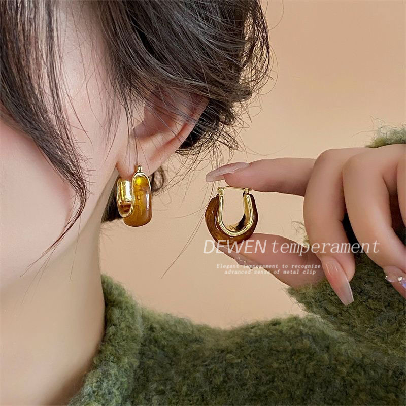 Retro Hổ Phách Màu Cà Phê Bông Tai Niche Phong Cách Mới Nhẹ Sang Trọng Phù Hợp Với Bông Tai Nữ