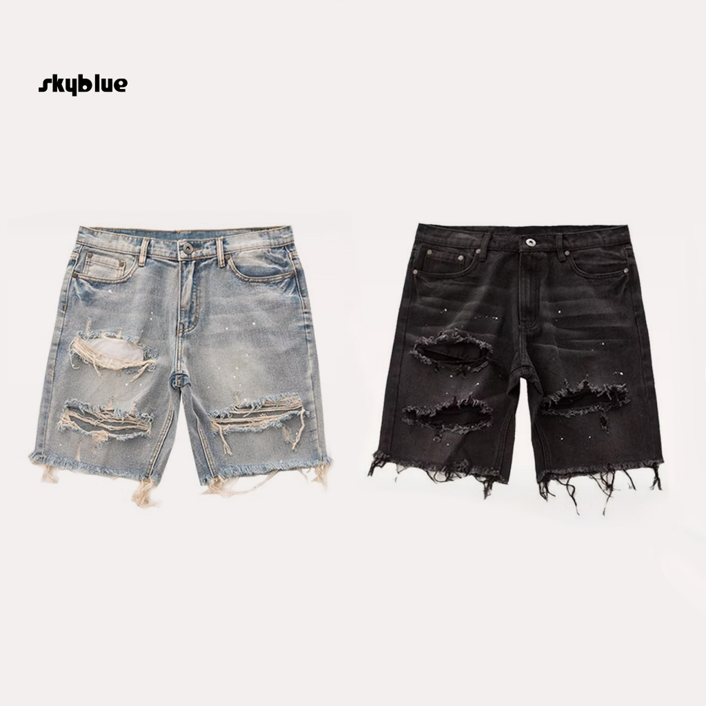 Quần short denim nam rách nhiều túi, dài đầu gối, dáng jean thẳng, phong cách mùa hè