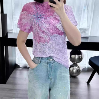 Miyake Cổ Tròn Rendering In Xếp Ly Co Giãn Ôm Hơn Nhìn Ngắn Tay Áo Thun Top Ngọt Ngào Xếp Ly Quần Áo