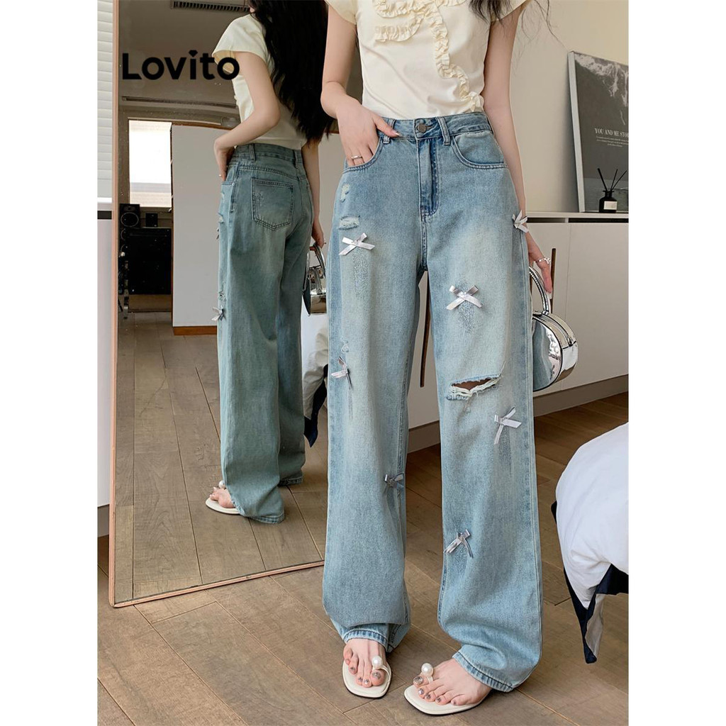Ảnh Quần jean nữ Lovito nơ màu trơn phong cách thường ngày LNA73086 3