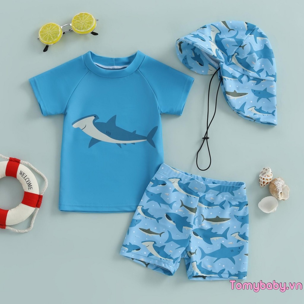 Bộ đồ bơi bé trai Rash Guard cho bé trai tập đi Áo cổ tròn ngắn tay in hình cá mập / vịt + Quần Short + Mũ bơi Bộ 3 chiếc
