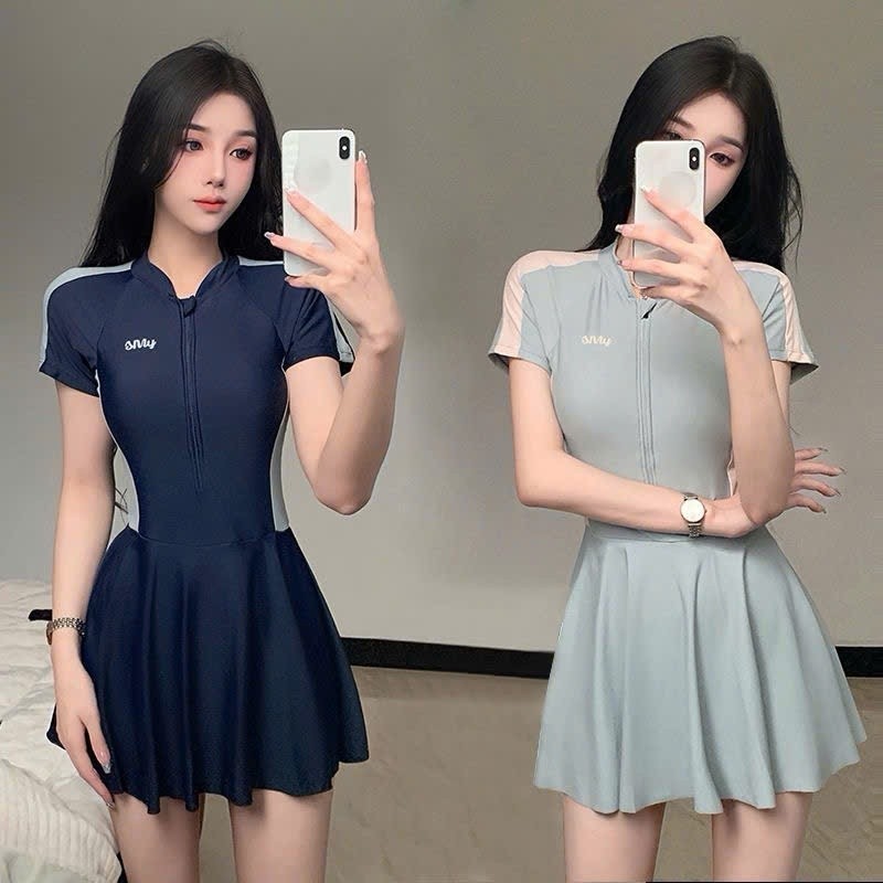 Set bộ đồ bơi nữ Bikini liền thân tay ngắn form váy xòe che khuyết điểm thể thao năng động XIMIMI BKN54