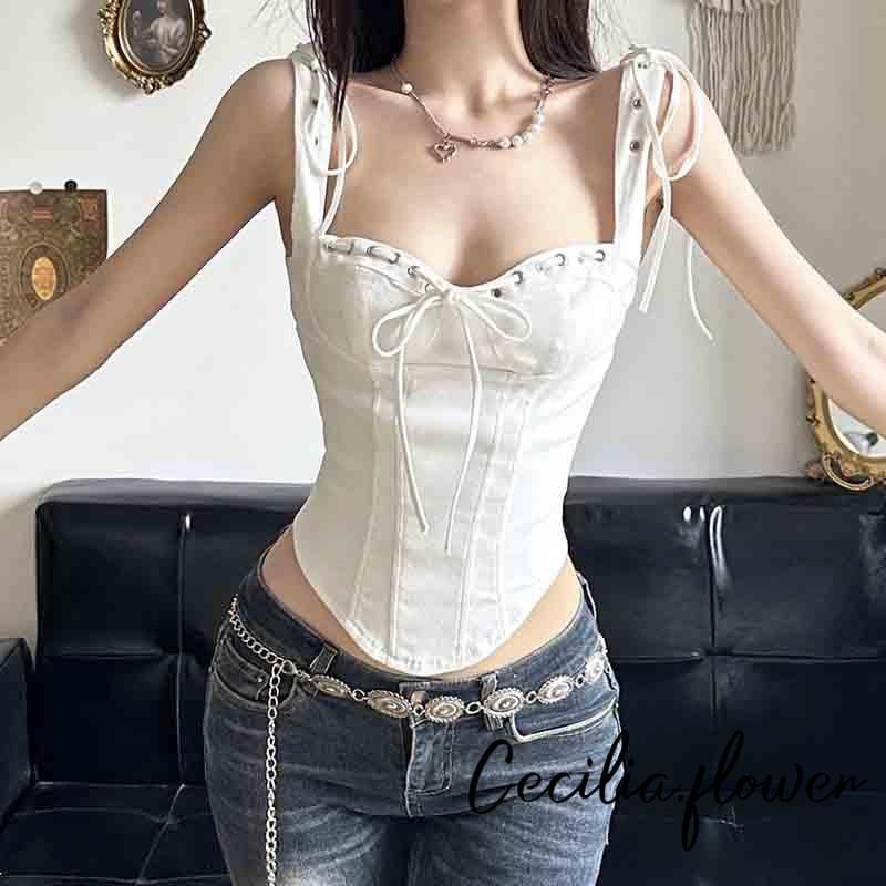 Phụ Nữ Mùa Hè Corset Xe Tăng Áo Cổ Điển Dây Rút Nơ Áo Sơ Mi Không Tay Áo Vest Cơ Bản Thẩm Mỹ Quần Áo Cho Dạo Phố