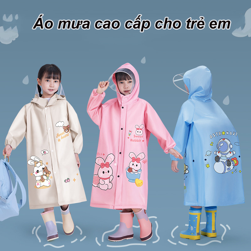 Áo mưa cho bé，Áo mưa trẻ em 4-13 tuổi cao cấp có tấm chắn, kiểu rộng đeo được ba lô