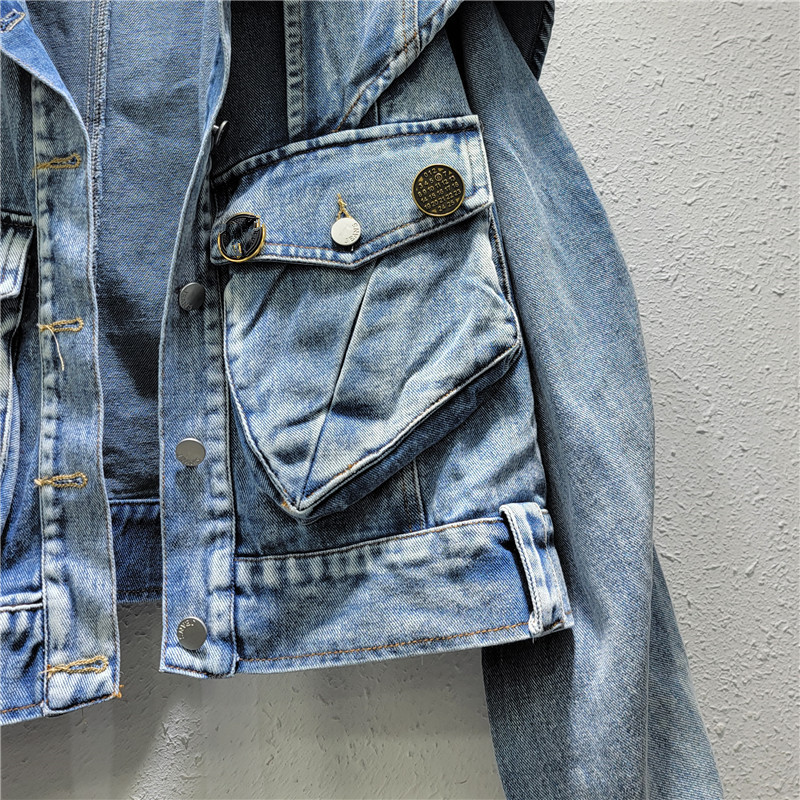 Áo khoác Denim mới đẹp trai Dụng cụ ba chiều Thiết kế bỏ túi Áo khoác Denim ngắn